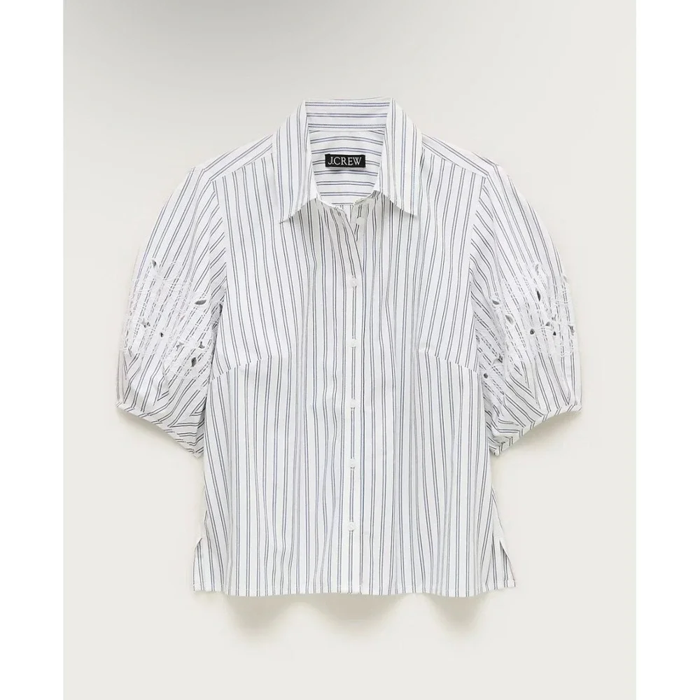 J Crew 6 Striped Cotton Poplin Eyelet Embroidered Puff Sleeve Shirt Top Button